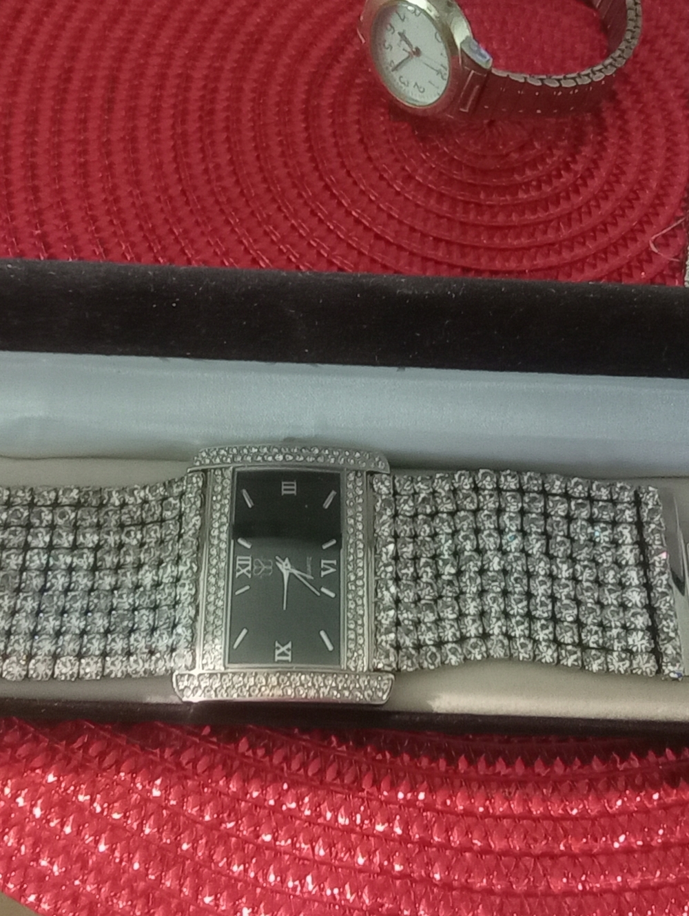 Vintage Susan Summers Silver Crystal Pavé Bracelet Watch with Black Dial